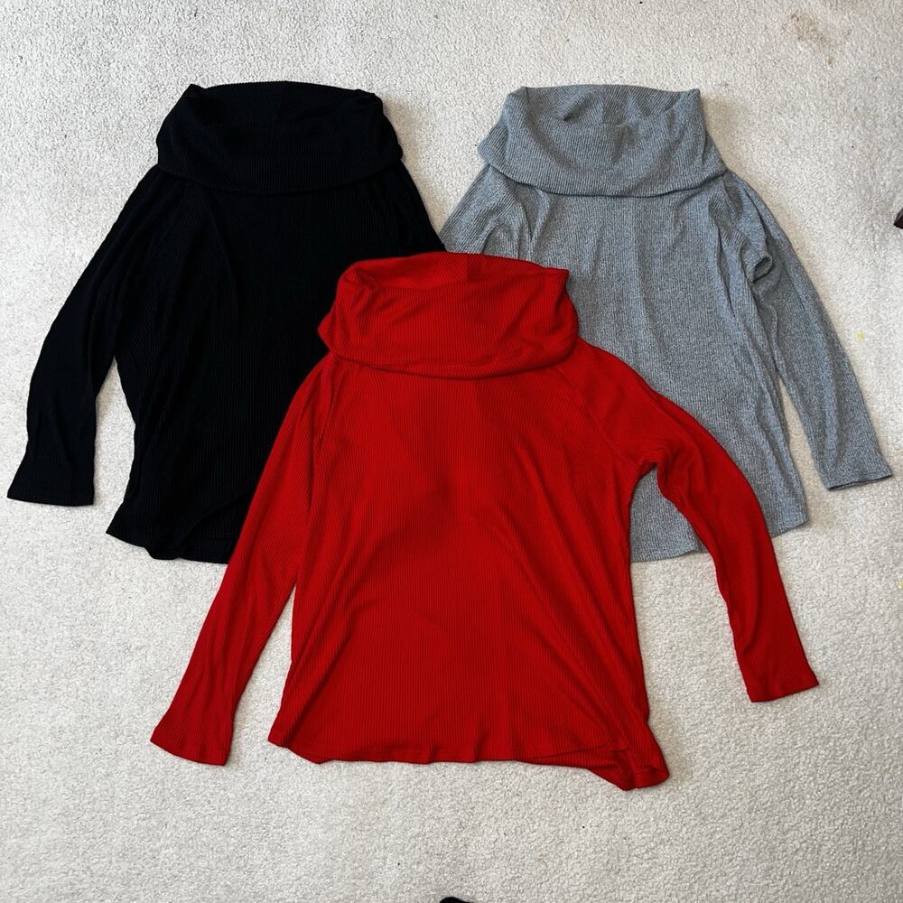 Lot 3 Terra & Sky Womens Cowl Neck Ribbed Top Tunic Plus Size 1X Red Black Gray